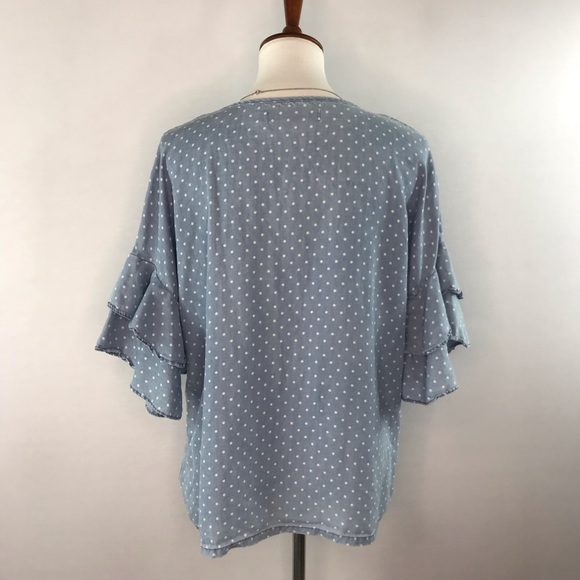 Love 8³ Chambray Blue & White Polka Dot V-Neck Ruffled Sleeve Blouse - Picture 3 of 12
